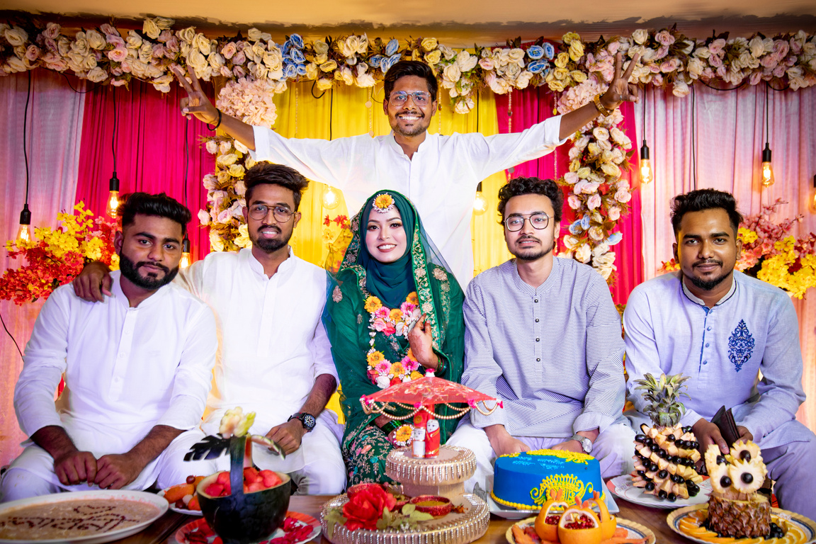 Colorful Indian Wedding Photo of Bride with Friends